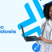 Smiling African female doctor with stethoscope holding a laptop next to the title ATTR Cardiac Amyloidosis in Kenya on CRK CRO awareness poster